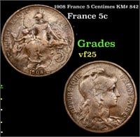 1908 France 5 Centimes KM# 842 Grades vf+
