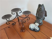 Lot of 4 items-1 candle holder, 1 fish statue,