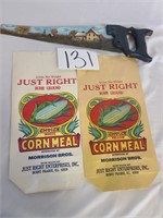 2 Just Right Paper Cornmeal Bags & Handpainted Saw
