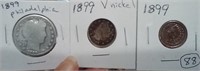 1899 barber half dollar, v nickel, indian penny