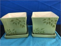 Two Square Green Ceramic Planters