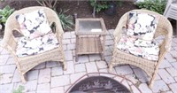 Pair of synthetic wicker patio chairs and