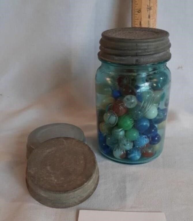 BLUE PINT JAR OF OLD MARBLES, 2 EXTRA