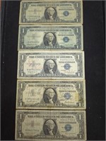 Five 1957 $1 US Silver certificate paper money