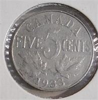 1933 Canada 5 Cent Coin F-12