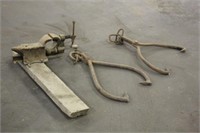 Large Vise on Wood Base  & (2) Log Hooks