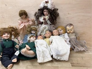 Box of porcelain and vintage dolls