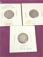 2 Seated Liberty Dimes 1853 and 1891 and Mercury