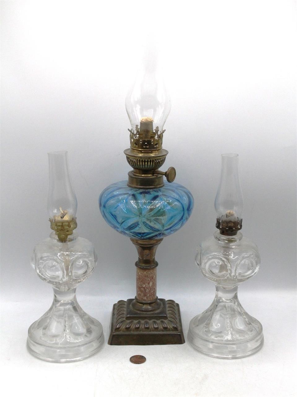 Trio 19th C. Oil Lamps, Blue Marble & Bullseye
