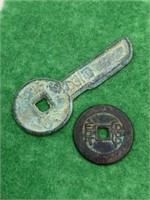OLD CHINA KEY MONEY AND SQUARE HOLED COIN  2 PCS