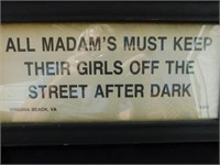 "Virginia Beach Madam's" framed notice