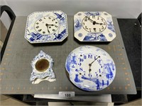 3 cobalt blue wall clocks & 1 desk top clock