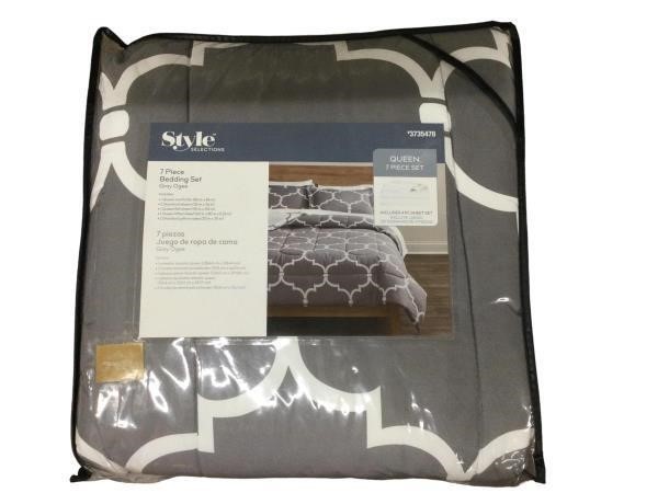 Queen 7 Piece Bedding Set-Gray Ogee Pattern