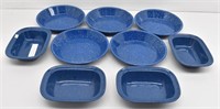 Blue Enamelware Pie Plates-5 & 4 Rectangular Bowls