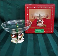 HANDPAINTED GLASS & RESIN SNOWMAN TIDBIT TRAY-MIB