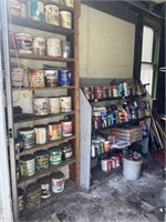 WALL OF PAINT CANS, ENAMEL & SHELF WITH NUTS/BOLTS