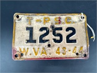 1943-44 WEST VIRIGNIA T-PSC LICENSE PLATE #1252