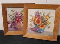 Two floral framed signed pictures 12.5 x 12.5 in