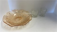 Amber Carnival glass bowl, clear sugar & creamer