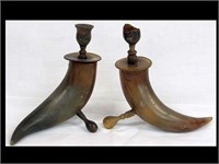 NEAT PAIR IF ANTIQUE HORN CANDLE STICKS W/ LIP
