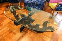 Oval Glass Top Coffee Table on Wood Base,