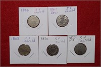 (5) Five Cent Shield Coins 1866 to 1873 Mix