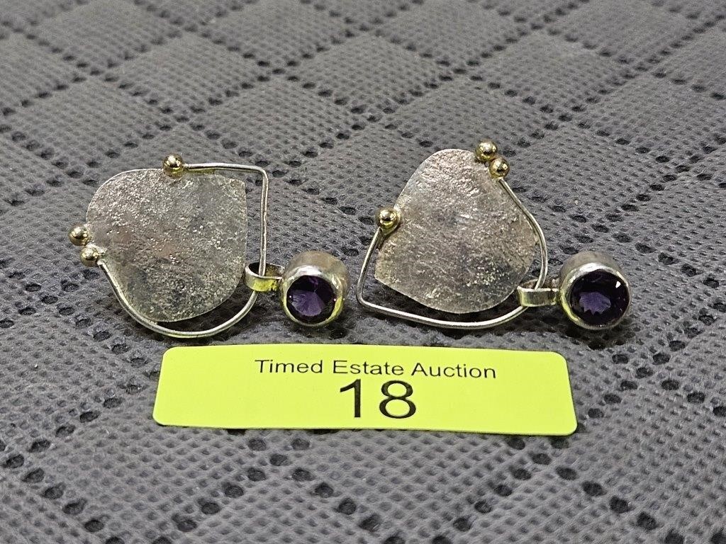 STERLING SILVER AND AMETHYST HEART EARRINGS