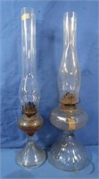 2 Vintage Oil Lamps w/Tall Chimneys
