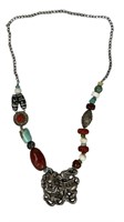 Massive Tibetan Multi-Stone Necklace w/ Foo-Dog Pe