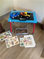 Chalk table, kids puzzles, trucks