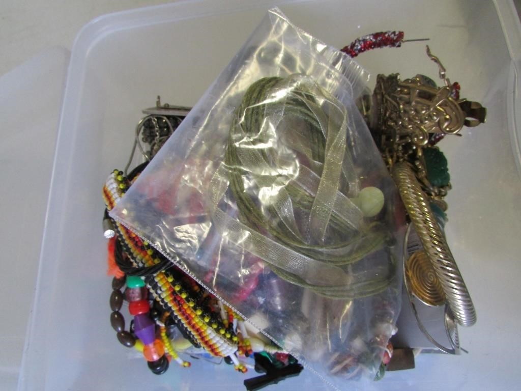 Clear Bin of Various Costume Jewelry