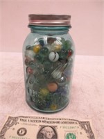 Vintage Blue Mason Jar w/ Vintage Marbles -