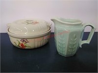 Hall Pottery casserole & lid, USA Pitcher