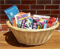 Basket of pre-teen girls books and coloring