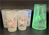 5 Vintage Frosted Tumblers & Glowy Etched Pitcher
