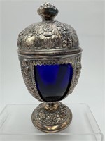 SILVERPLATE AND COBALT COVERED DECORATIVE JAR