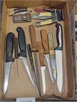 FLAT BOX OF MIXED KNIVES, SHARPENING STONES