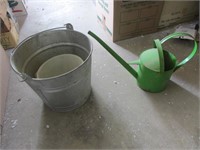 metal bucket & green sprinkler can