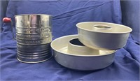 Vintage Flour Sifter and 2 Aluminum Bundt Pans