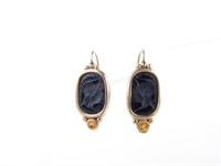 Pair of 14K Yellow Gold Onyx Intaglio Earrings