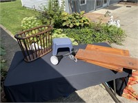 stepstool, magazine rack, wooden shelves