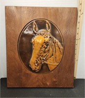 Vintage Copper Relief on Wood Horse Head Plaque