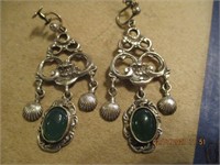 Vtg. Italian Sterling Earrings w/Green Stones-18.5