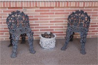 Two Cast Iron Patio Chairs & Concrete Planter