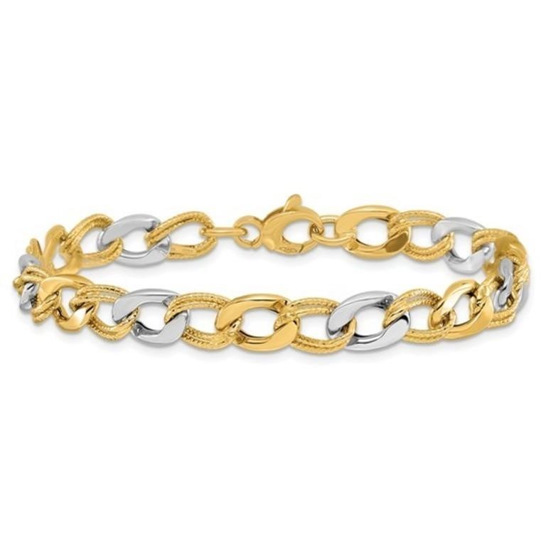 14K Two-tone Polished Textured Fancy Link Bracelet