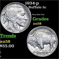 1934-p Buffalo Nickel 5c Grades Choice AU/BU Slide