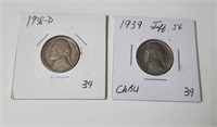 1938 D & 1939 (ChBU) Jefferson 5 Cent Coin