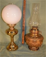 2 brass oil lamps: one with John Scott double wick