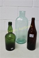3 Vintage Bottles incl Green Apothecary Bottle &