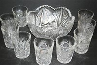 Cut Glass Bowl, Pinwheel Cut Glass Tumblers